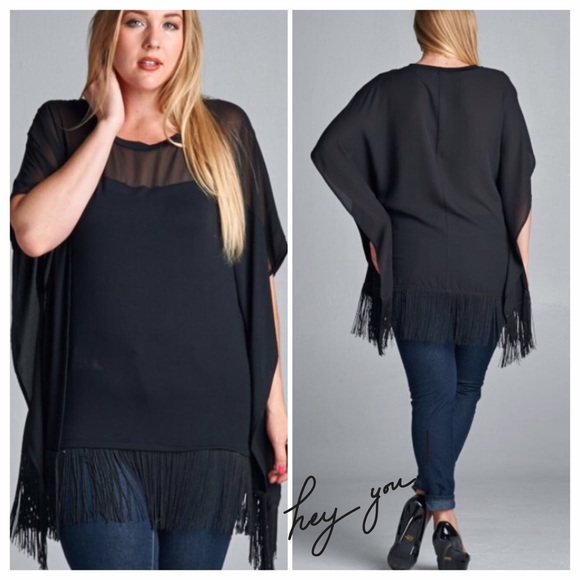 💥HP 10/14, 12/2💥SEMI SHEER BLACK FRINGE TUNIC - Picture 2 of 3