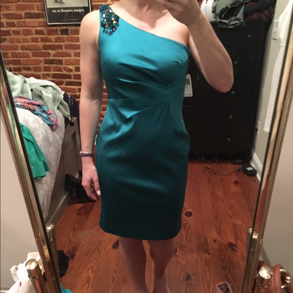 Teal one shoulder satin dress