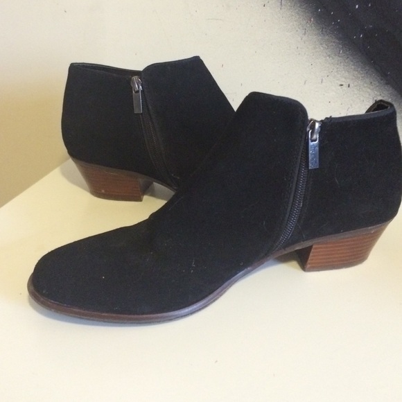 Black suede low wood heel boot