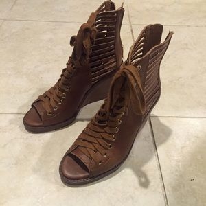BCBGeneration Peep-Toe Lace-Up Wedge Toffee Boots