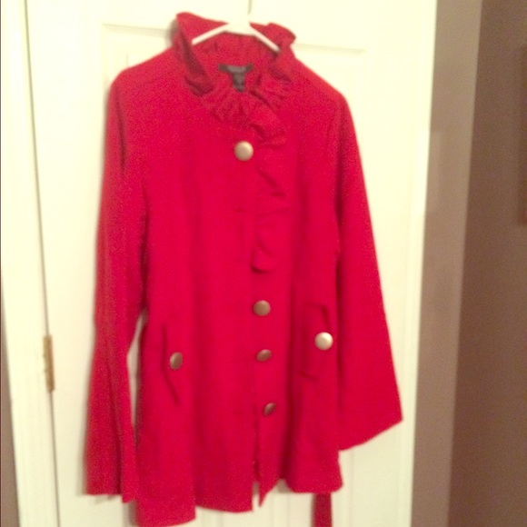 Red Ruffle High Collar Wool Trench Coat