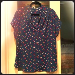 Flowy green and red apple print blouse.