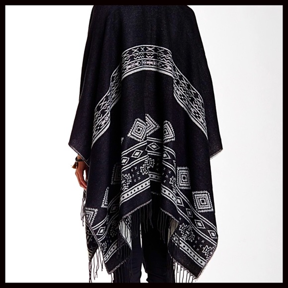 SOLD Poncho Cardigan Wrap Cape Aztec Fringe Trim - Picture 2 of 4