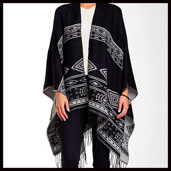 SOLD Poncho Cardigan Wrap Cape Aztec Fringe Trim - Picture 3 of 4