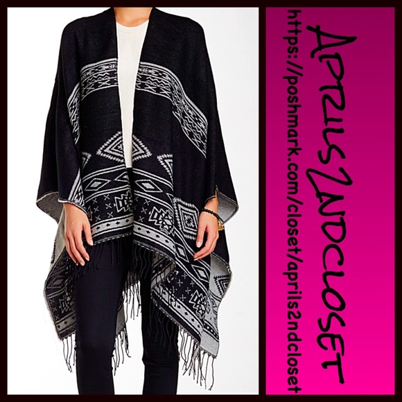 SOLD Poncho Cardigan Wrap Cape Aztec Fringe Trim - Picture 4 of 4