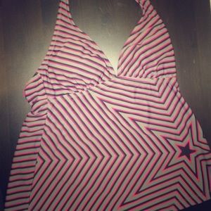 Pink and black striped halter top tankini
