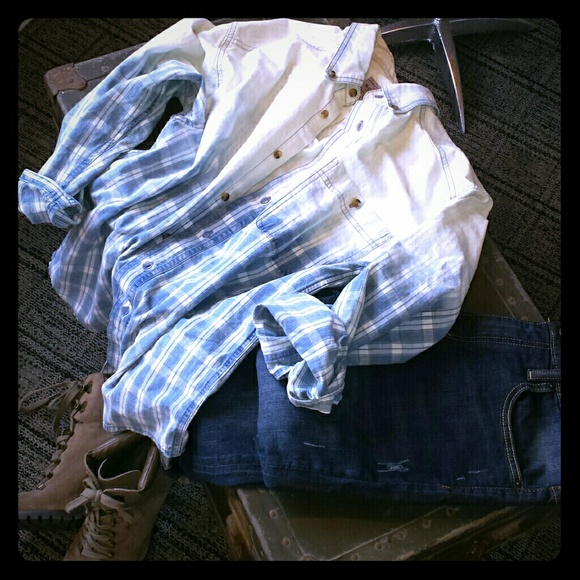 *SOLD* Dip Dyed Distressed Denim Plaid Shirt Ombre