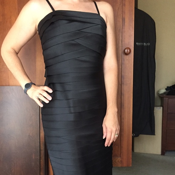 White House Black Market Black Satin Strip Dress.