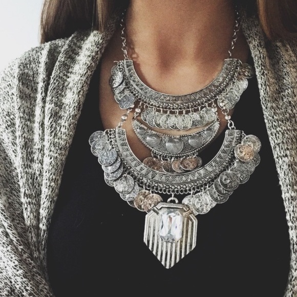 LAST ONE • Silver Boho Coin Statement Necklace - Picture 2 of 3