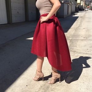 Burgundy midi skirt.