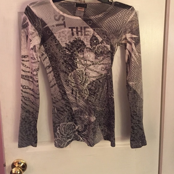 Black&gray designed scoop neck blouse