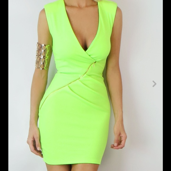 Neon green zipper wrap plunge dress LF bebe bcbg