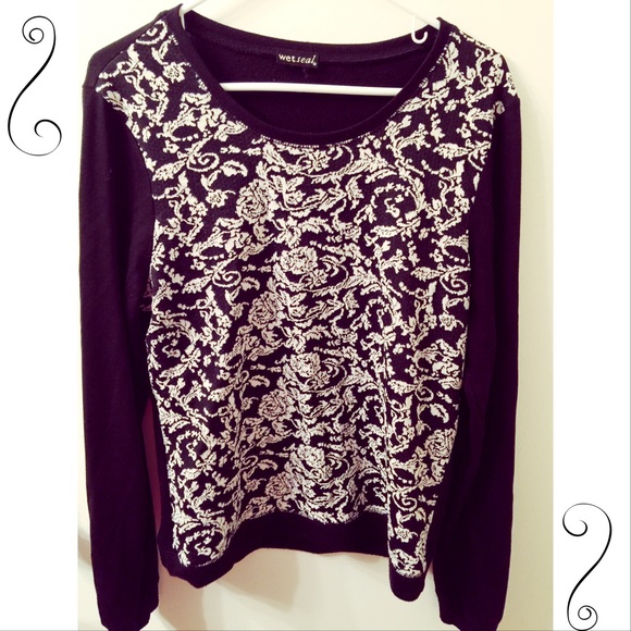Black cotton sweater with white floral lace design