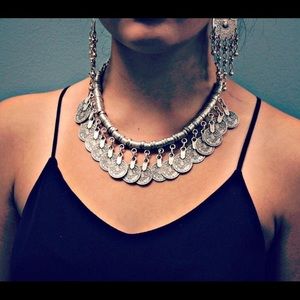 Maxi Vintage Silver Tassel Coin Choker Necklace