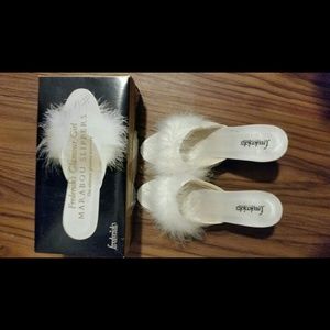 Fredericks of Hollywood white feather slippers