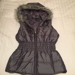 Grey puffer vest with fur hood