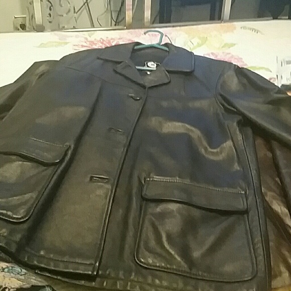Navy Blue Leather three quarter length  jacket