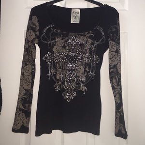 Black, Tan & Rhinestone Graphic Long Sleeve