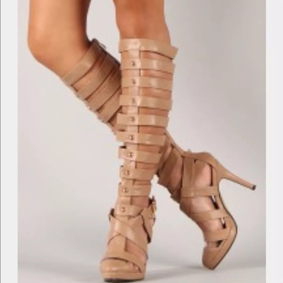 Nude Closed Toe Knee High Gladiator Heels 9