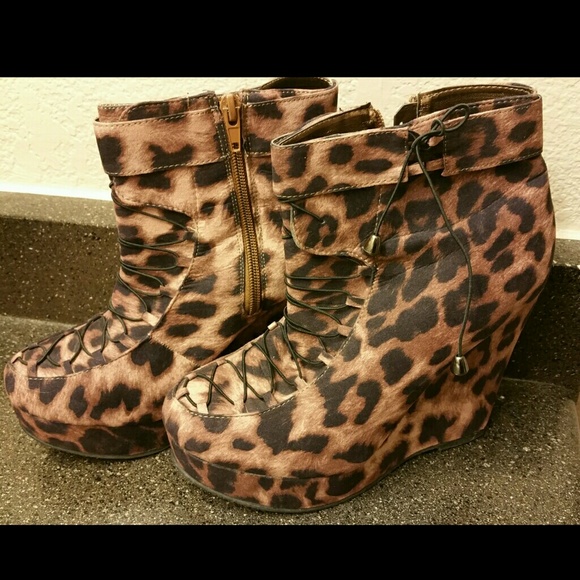 Liliana Leopard Print Lace Up Bootie/Wedges