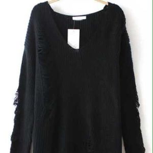 Black Long Slashed Destroyed V Neck Sweater