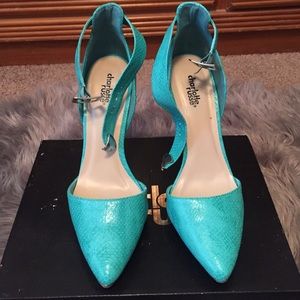 Teal strap pointy toe heels