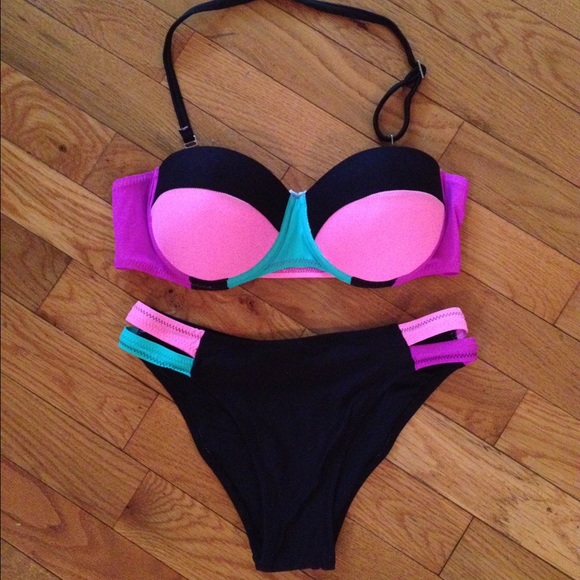 Pink & Black Color Block Bikini w/Removable Halter