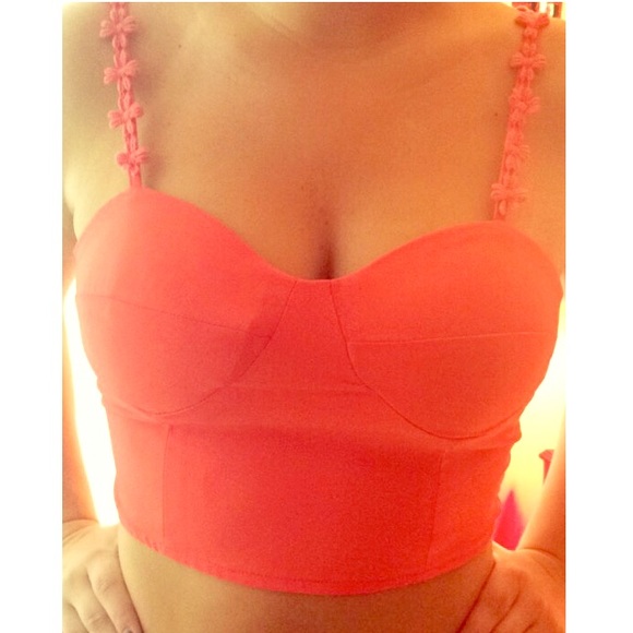 Coral Cropped Bustier with Flowered Straps