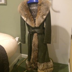 Olive green leather n fox fur coat.