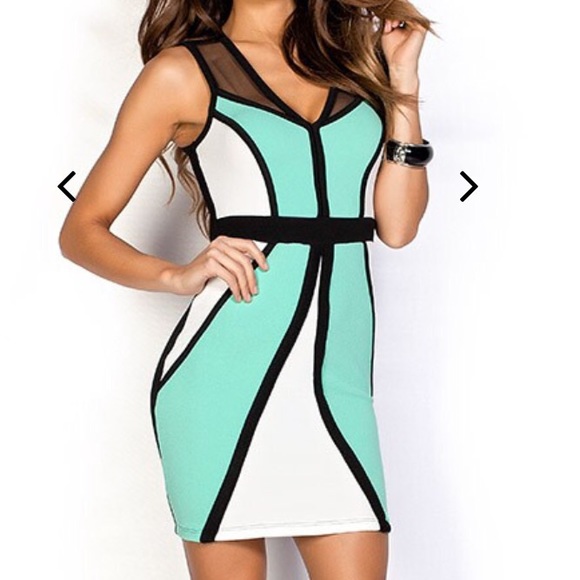 Sexy White mint & black colorblock mini dress