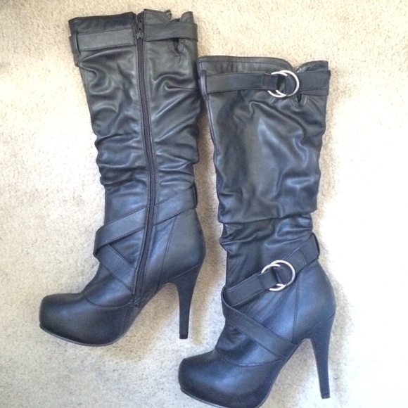 Black scrunch high heel boots with silver detail