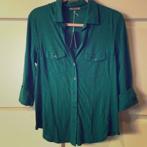 James Perse green panel button down shirt