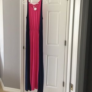 Boutique long maxi dress in pink and navy, large