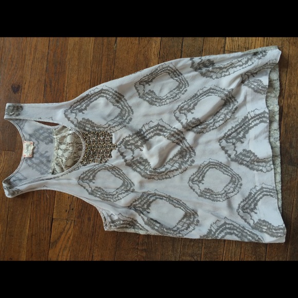 Patterned silky tank with gold bead and lace back