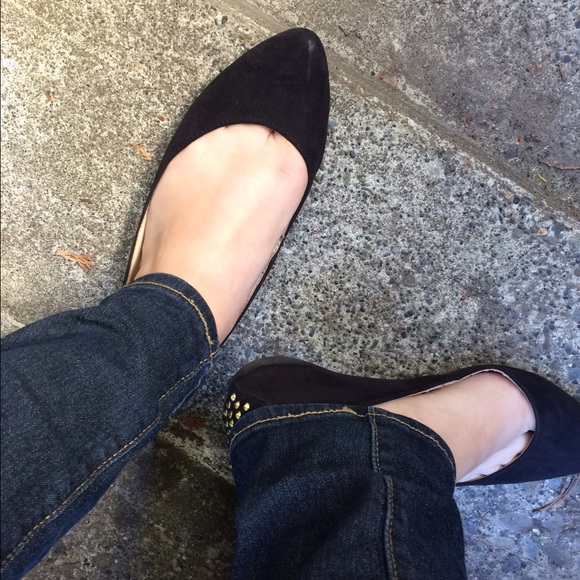 Black Sued Flats with Brass Heel Embellishments
