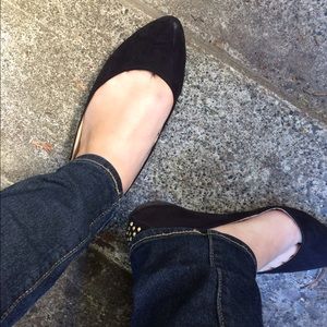 Black Sued Flats with Brass Heel Embellishments