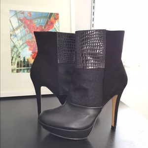 Calf hair and leather high ankle mid length boots
