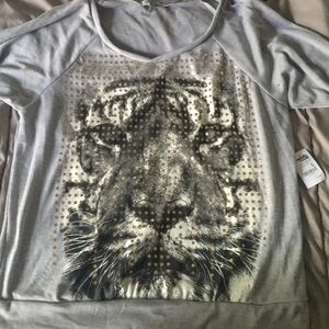 Gray graphic top with gold accents