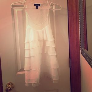 Ruffle tank top with lace illusion back