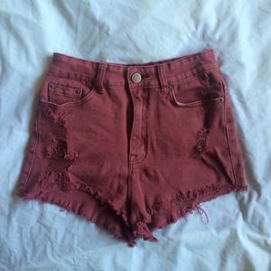 BDG Maroon Distressed High Rise Cheeky Shorts