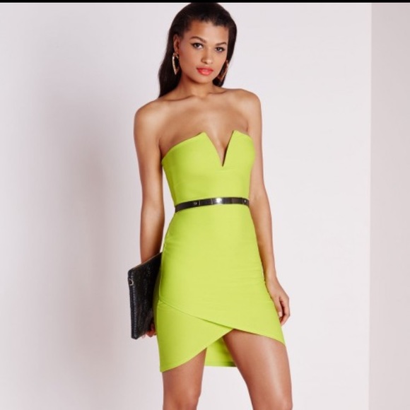 Wrap Detail Bandeau Bodycon dress in Lime