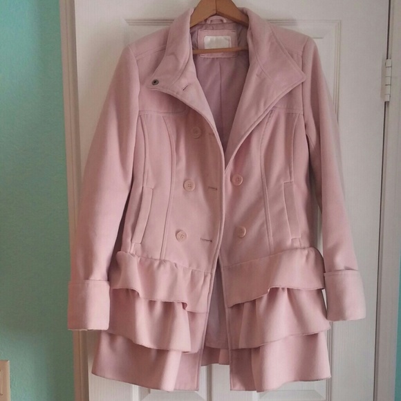 Dusty Rose Double-Breasted Ruffle Pea Coat
