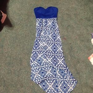 Blue and white high low strapless dress
