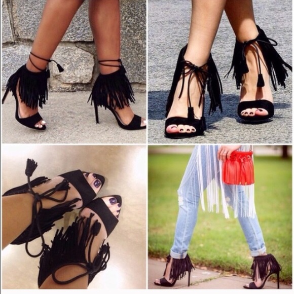 Zara Shoes | Zara Black Fringe Heels 