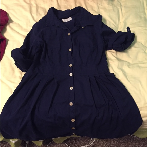 Navy Quarter Sleeve Button Up Dress