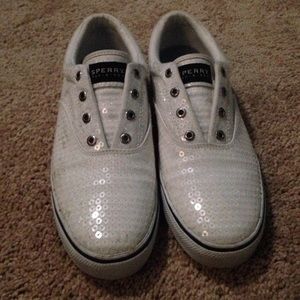 White sequin sperry boat shoes