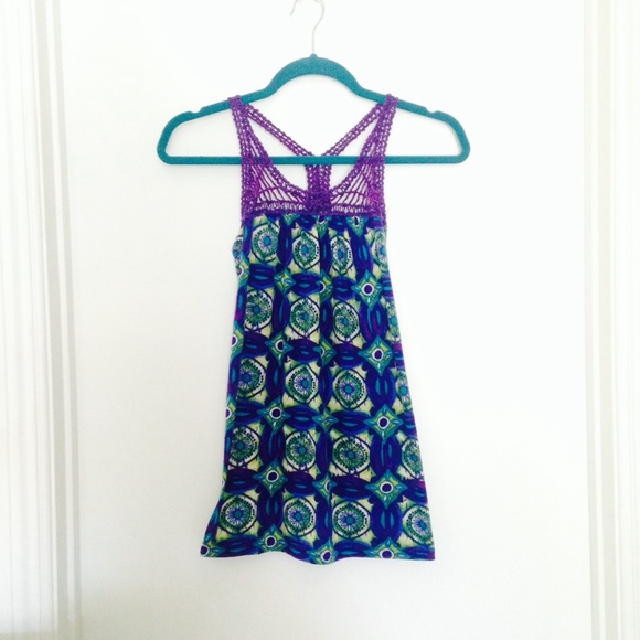 Blue-green-purple-patterned, knit tank top