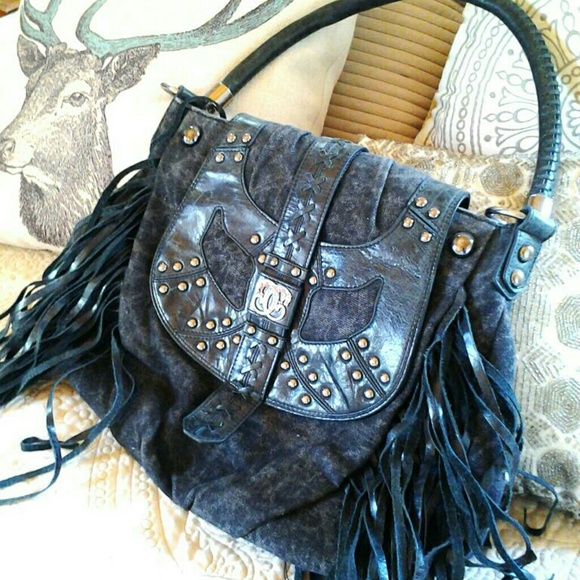 Sharif black leather fringe  purse