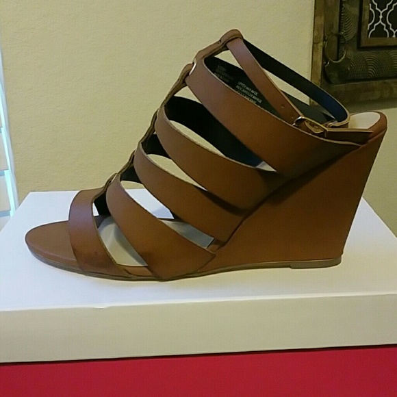Brand new in box cognac wedge sandals by JustFab