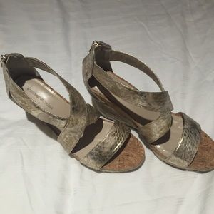 Gold open toed wedge shoes